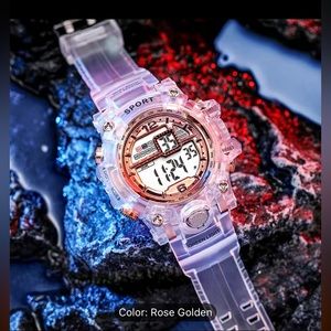 Mens Digital Sports Watch LED Screen Large Face Rose Gold Watch Clear Band NEW